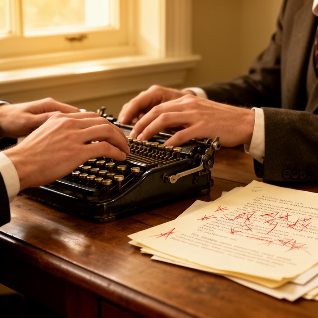 Hands typing on a vintage mechanical keyboard beside manuscript pages with red editorial markings.