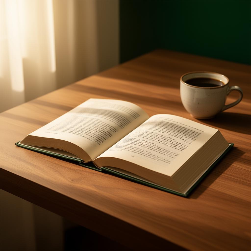 A premium hardcover book lying open on an oak desk beside a coffee cup, lit by morning sun.