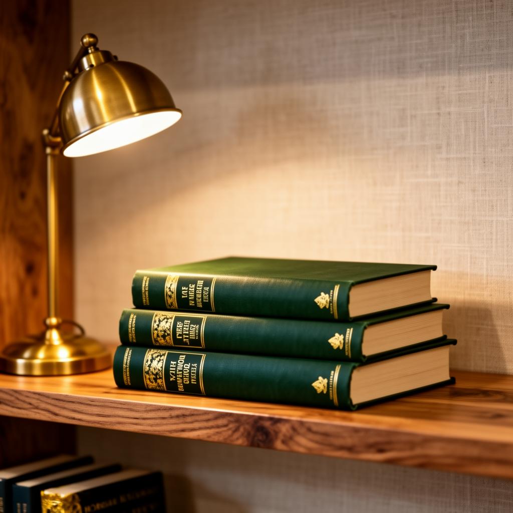 A stack of premium green hardcover books on an oak shelf lit by a brass lamp.